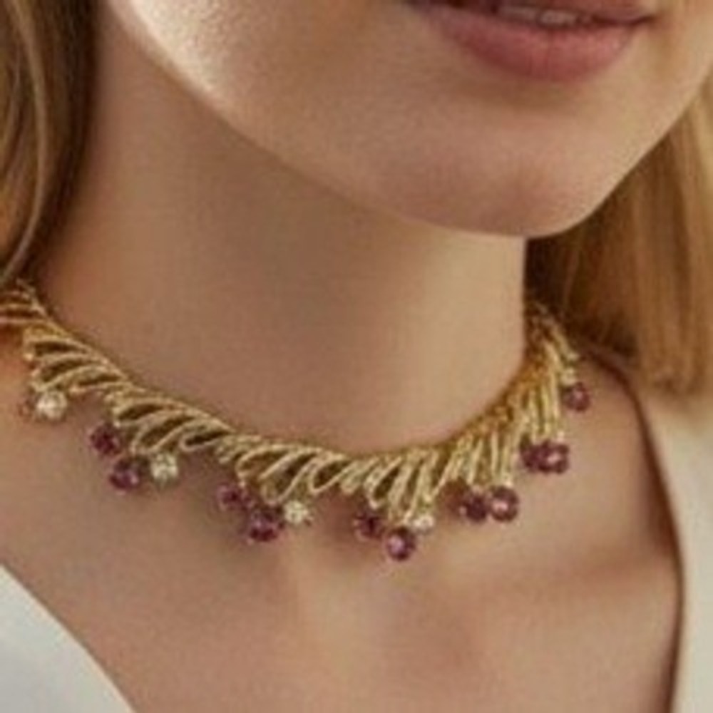 Vintage Coro Pink Rhinestone Necklace Gold Tone Mid Century Statement